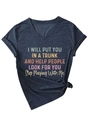 Detail of V-neck cotton T-shirt featuring colorful quote print and side knot design - S / Navy Blue