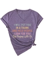 Detail of V-neck t-shirt with rolled sleeves, side-knot hem, and colorful quote print - S / Purple