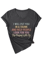 Detail of dark gray V-neck tee with colorful humorous text and side knot design - S / Black Heather Grey