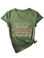 Detail of army green V-neck T-shirt with colorful slogan and decorative front knot - S / Olive Green