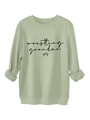Detail of mint green fleece sweatshirt with Wrestling Grandma print and heart patterns - Olive Green