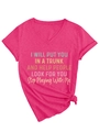 Detail of V-neck fuchsia t-shirt featuring colorful text print and stylish front knot - S / Rose Red