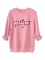 Detail of pink fleece sweatshirt with black wrestling grandma text and red hearts - Peach