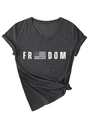 Détail du t-shirt gris anthracite à col en V avec imprimé Freedom et ourlet noué - S / Gris Chiné (Imprimé Blanc)