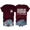 Vorder- und Rückansicht des weinroten T-Shirts mit Raising My Husband Is Exhausting Aufdruck - S / Oberteile / Weinrot (Weißer Druck)