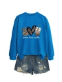 Detail of blue peace love coffee sweatshirt paired with distressed denim shorts - Lake Blue (White Graphic)