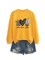 Detail of the high-quality yellow peace love coffee print sweatshirt and denim shorts - Yellow (Black Letters)