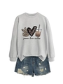 Flat lay of gray sweatshirt with peace love coffee leopard print and denim shorts - Grey (Black Print)
