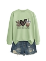 Close-up of peace love coffee graphic print on light green long sleeve sweatshirt - Olive Green (Black Letters)