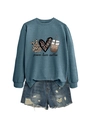 Flat lay detail of blue peace love coffee sweatshirt and distressed denim shorts set - Blue (Black Print)