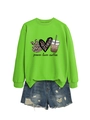 Detail of neon green peace love coffee sweatshirt with leopard print heart graphics - Fluorescent Green (Black Graphic)