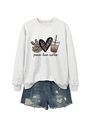Detail of peace love coffee graphic print on gray long sleeve crewneck sweatshirt - Off-White (Black Graphic)