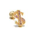 Gold dollar sign ear stud with purple zircon stones and a screw ball back closure - Dollar Sign Style(EGD0235) / Purple