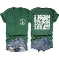 Front and back detail of V-neck dark green T-shirt with I NEED WAY MORE TATTOOS text - S / Vintage Green (White Print)