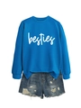 Blue crewneck sweatshirt with Besties print paired with frayed denim shorts - S / Sweatshirt And Shorts / Lake Blue (White Font)