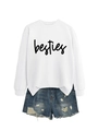 Close-up of white Besties letter print sweatshirt paired with frayed denim shorts - S / Sweatshirt And Shorts / White (Black Font)