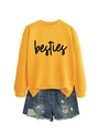 Detail of bright yellow crewneck sweatshirt with black besties lettering and denim shorts - S / Sweatshirt And Shorts / Yellow (Black Font)