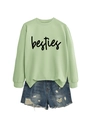 Flat lay of light green drop shoulder sweatshirt with besties print and denim shorts - S / Sweatshirt And Shorts / Olive Green (Black Font)