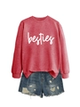 Detail of red crewneck sweatshirt with white besties text and ripped denim shorts - S / Sweatshirt And Shorts / Red (White Font)