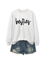 Detail of grey crewneck sweatshirt with black besties print and ripped denim shorts - S / Sweatshirt And Shorts / Off-White (Black Font)