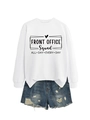 Detail of white slogan sweatshirt with Front Office Squad print and denim shorts - White (Black Font)