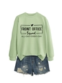 Detail of light green sweatshirt with Front Office Squad print and distressed denim shorts - Olive Green (Black Font)
