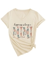 Detail of V-neck beige T-shirt with floral Mimi print and stylish front knot hem - S / Sand (Black Print)