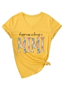Detail of V-neck short sleeve ginger t-shirt with knotted hem and floral MIMI print - S / Yellow (Black Print)