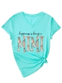 Detail of mint green V-neck T-shirt with MIMI floral text and stylish side knot design - S / Deep Water Blue (Black Print)
