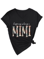 Dettaglio maglietta nera scollo a V con stampa floreale MIMI e nodo laterale alla moda - S / Nero (Stampa Bianca)
