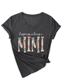 Detail of V-neck dark grey T-shirt with MIMI floral print and stylish front knot hem - S / Heather Grey (White Print)
