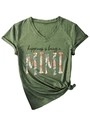 Women's V-neck green T-shirt with MIMI floral print and stylish side knot detail - S / Olive Green (Black Print)