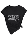 Detail of V-neck T-shirt showing tied hem and white graphic print on black fabric - Black (White Font)