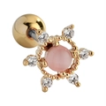 Nahaufnahme von Gold-Ohrstecker mit rosa Opal-Stein und weißen Zirkon-Akzenten - Rosa Katzenaugen-Spitzenstil (EGD0527 Rosa)