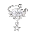 Macro detail of 18K silver ear cuff with oval zircon and hanging hollow star pendant - Star Pendant Style Silver (EGJ0113)