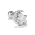 Macro shot of silver crescent moon and star stud earring with inlaid cubic zirconia - Pavé Zirconia Star & Moon Style (EGD0681 White Gold Plated)