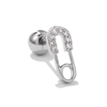 Macro shot of silver safety pin ear stud with sparkling zircon inlay and screw ball back - Iced Out Safety Pin Style (EGD0559)