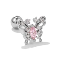 Close-up of butterfly stud earring with white crystals and pink marquise stone - Pink Marquise Stone Butterfly (EGD0596)