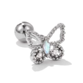 Macro shot of silver butterfly stud earring with marquise cubic zirconia and screw ball back - Aurora Butterfly Piercing Style (EGD0122)