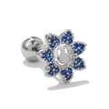 Detail of sunflower ear stud with blue zircon petals and smiling face center design - Blue Sunflower Smile Style (EGD0147)