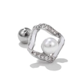 Detailed view of silver bow-style stud earrings with white enamel and centered pearl accent - Irregular Frame Pearl Style (EGD0083)