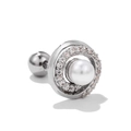 Detailed macro view of a silver bow earring with a center pearl and zircon halo - Pearl Halo Style (EGD0100)
