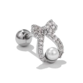 Detailed macro shot of silver bow stud earring with micro-pave stones and white pearl - Pave Bow Knot Pearl Style (EGD0102)