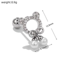 Detailed view of silver bow stud earring with crystal bear and pearls, 12.8mm height - Hollow Bear Head Bow Style (EGD0096)