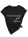 Detail of Charlie Kirk Freedom print on black cotton V-neck tee with knotted hem - Black (White Font)