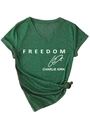 Close-up of green V-neck tee with white Freedom text and knotted hem detail - Vintage Green (White Font)