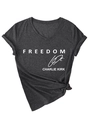 Detail of V-neck charcoal t-shirt featuring freedom print and Charlie Kirk signature - Heater Grey (White Font)