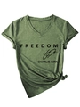 Detail of Women's V-neck green T-shirt with Freedom Charlie Kirk print and knot hem - Olive Green (Black Font)