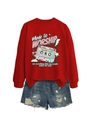 Mise à plat d'un sweat rouge Made to Worship avec un short en jean bleu délavé - S / Rouge
