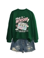 Flat lay of green sweatshirt with vintage tape print and distressed denim shorts - S / Dark Green